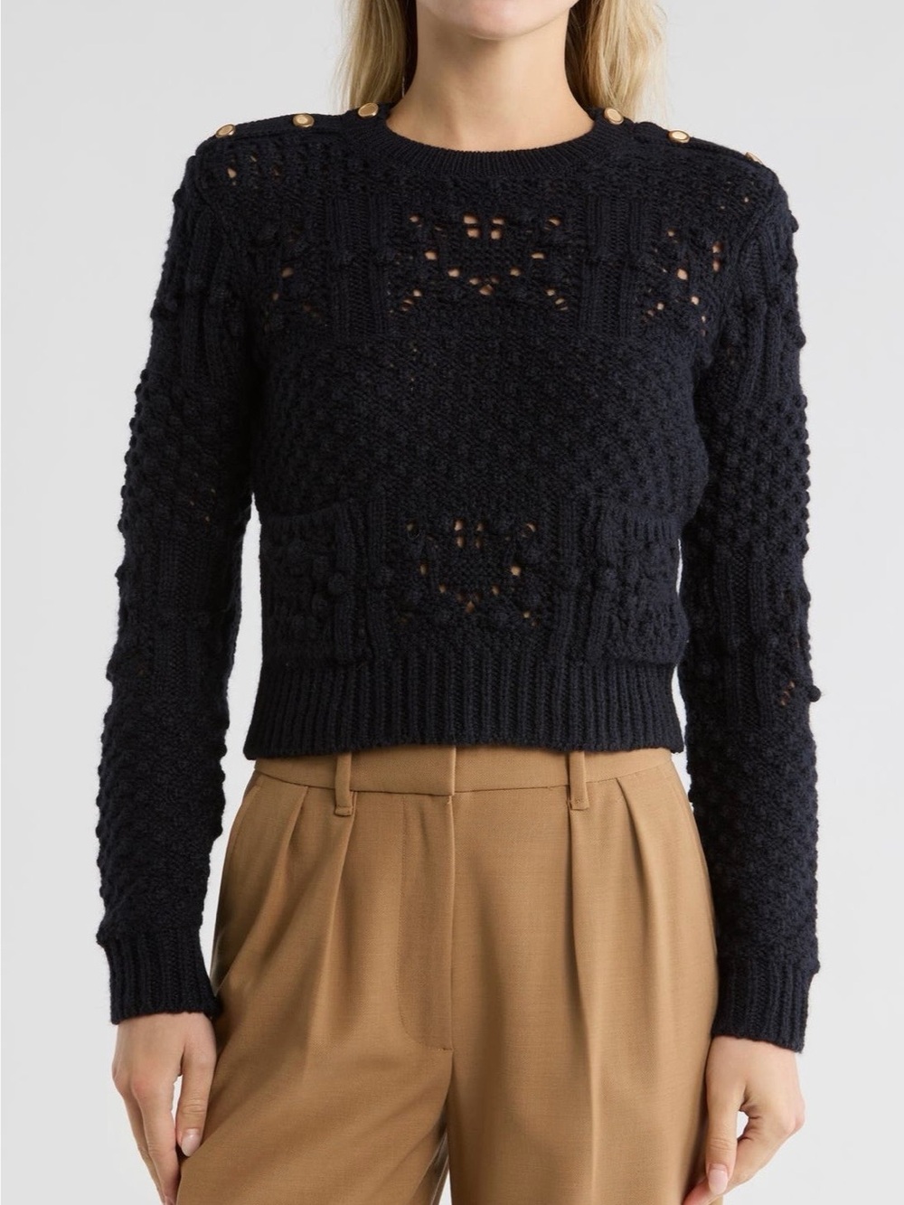 Frame Navy Alpaca Wool Cable-Knit Sweater Gold Button Detail Small NWT $398 MSRP